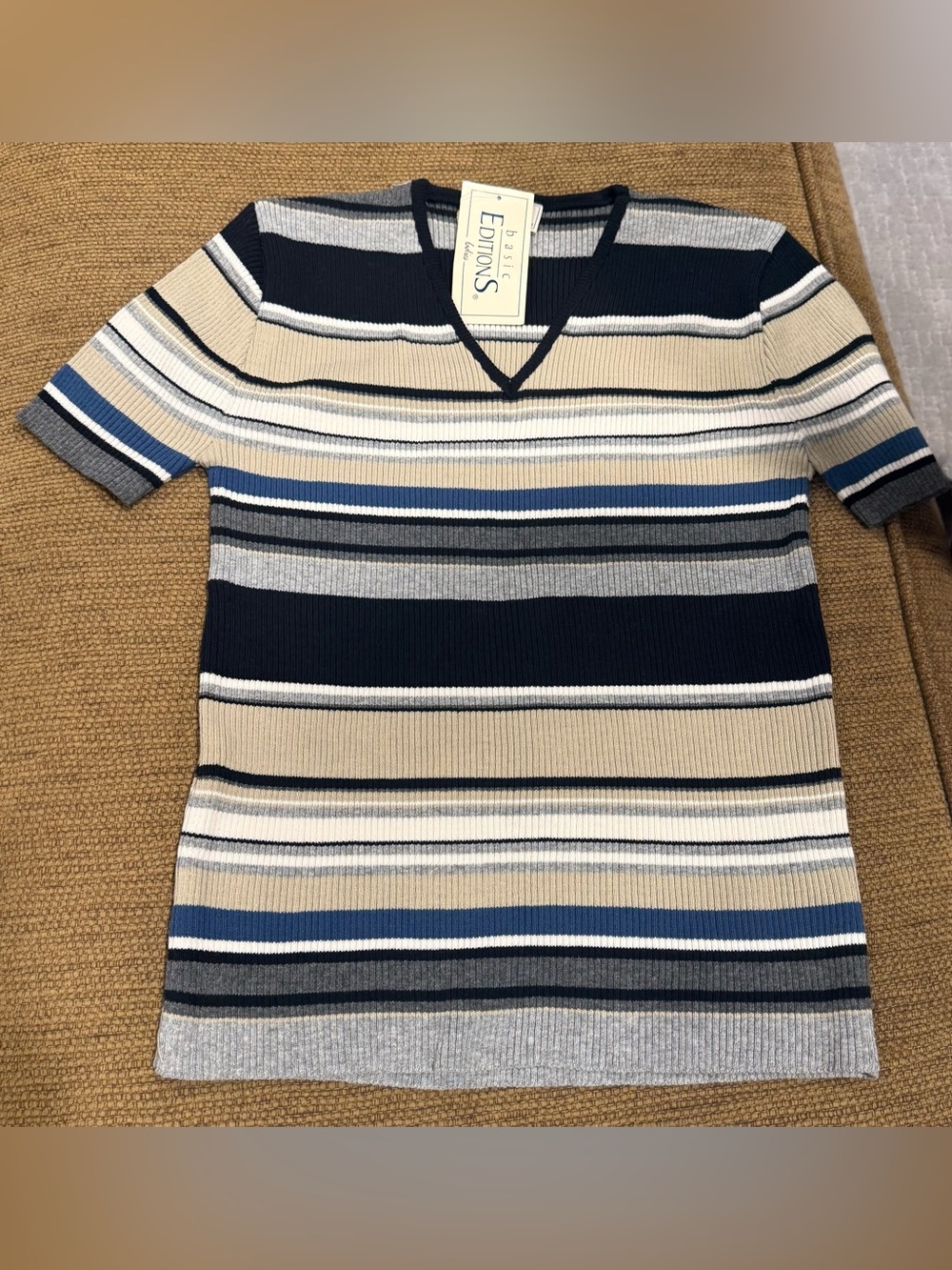 NWT Vintage Basic Editions V-Neck Striped Knit Top - Navy, Blue, Tan, Gray